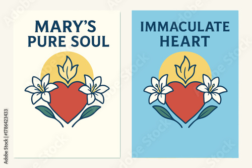 Mary's Immaculate Heart. Immaculate Heart. Two vertical A6 banners with safe margins, centered composition, no elements touching edges, flat vector design,