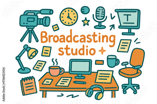 Broadcast Studio Doodle. Broadcasting studio. Hand-drawn doodle illustration of broadcasting studio. Camera,