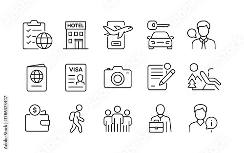 Travel and tourism icons for modern business needs in linear style