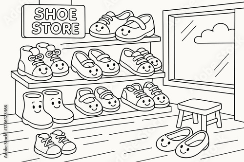 Smiling Shoes Coloring Fun. Shoe store children?s coloring book illustration, outlined drawing, cartoon shop