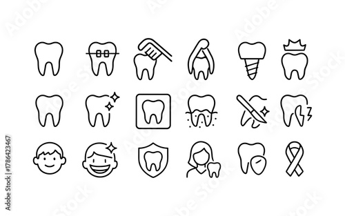 Dental care icons: clean teeth, braces, implants, children, and oral health in simple line art