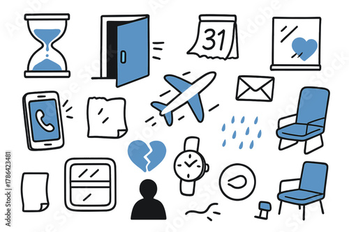 Lost Opportunities Illustrated. // Lost chance. Hand-drawn doodle illustration lost chance [hourglass (accented), door closing (accented), calendar page torn,