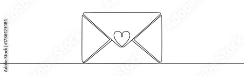 Continuous line drawing of an envelope with a heart, representing love messages, mail, or special correspondence, isolated on a white background