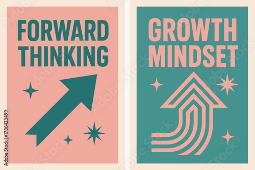 Retro Motivational Banners. Forward thinking. Two vertical A6 banners with safe margins, centered composition, no elements touching edges, retro, pink and