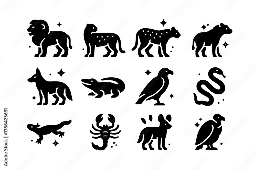 Naklejka premium Savanna Predators Icons. Predators of the Savanna. Solid icons set of Predators of the Savanna: lion, cheetah, leopard, hyena, jackal, crocodile, eagle, snake,