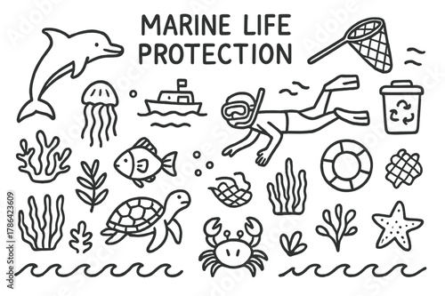 Marine Life Doodles. Marine Life Protection. Hand-drawn doodle illustration Marine Life Protection dolphin, turtle, fish, coral reef, seaweed, jellyfish, crab,