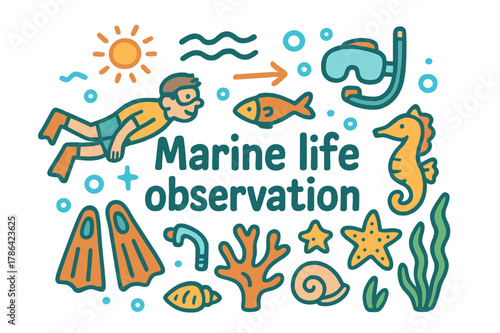Snorkeler's Marine Adventure. Marine life observation. Hand-drawn doodle illustration of marine life