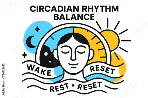 Harmonious Rhythm Visualized. Circadian Rhythm Balance. A sunrise clock arcs from night to day behind a calm face; ?Wake ? Rest ? Reset? floats in rhythm