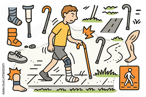 Careful Steps. Careful walking. Hand-drawn doodle illustration person walking (colored), uneven stride (colored), crutch (colored), cane (colored), bandaged