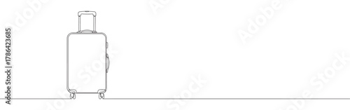 Continuous one line drawing of a modern wheeled suitcase, symbolizing travel, vacation, luggage, and adventure in a simple, minimalist style