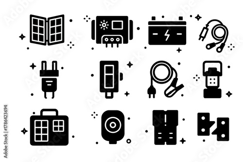 Off-Grid Solar Kit Icons. Off-grid solar kit. Solid icons set of Off-grid solar kit: foldable panel, charge controller, battery bank, DC fuse, DC breaker,