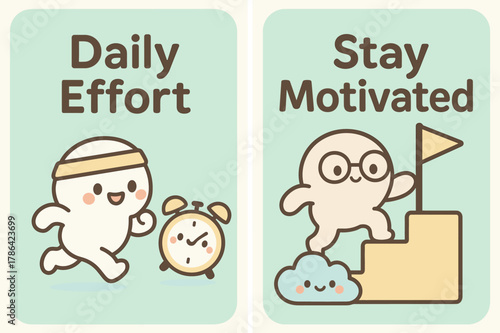 Kawaii Motivation Banners. Daily effort. Two vertical A6 banners with safe margins, centered composition, no elements touching edges, kawaii, pastel mint and