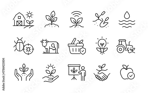 Eco-friendly farming icons: sustainable agriculture and organic growth symbols