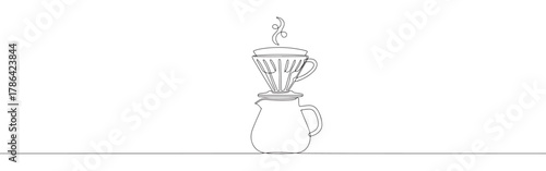 Continuous one line drawing of a coffee pour-over set, featuring a dripper and a carafe, symbolizing artisanal coffee brewing