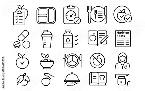 Healthy eating and nutrition icons set for meal planning and diet tracking in linear style