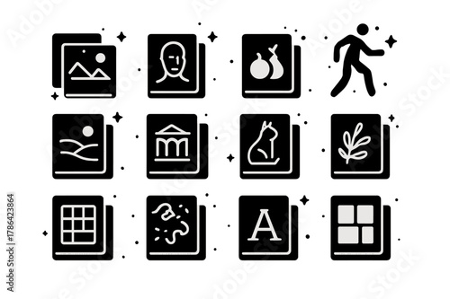 Sketchbook Icons Grid. Sketchbook Ideas. Solid icons set of Sketchbook Ideas: thumbnail sketch, portrait, still life, figure pose, landscape, architecture
