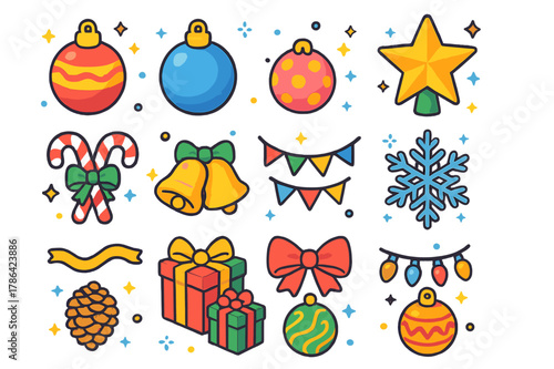 Colorful Holiday Ornaments. Winter holiday ornaments. Colorful isometric vector icons set of winter holiday ornaments: baubles, star topper, candy canes,