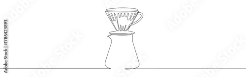 Continuous one line drawing of a coffee pour-over set, featuring a dripper and a carafe, symbolizing artisanal coffee brewing