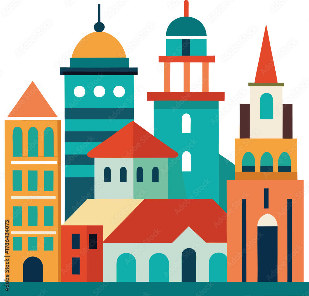 Fototapeta premium Colorful flat illustration of an urban skyline with diverse buildings