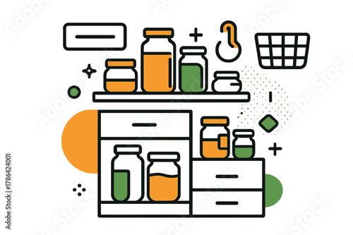 Organized Kitchen Storage. Kitchen storage. Drawers and shelves with jars, containers, and floating abstract