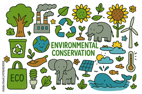 Colorful Conservation Doodles. Environmental Conservation. Colorful Hand-drawn doodle Children illustration Environmental Conservation, trees, pollution,