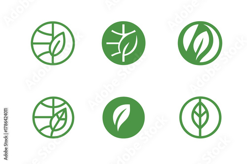Ecology Logo Variations. Ecology. Set Logo of Ecology: leaf within globe. harmonious logo variations of the same emblematic concept, each with different