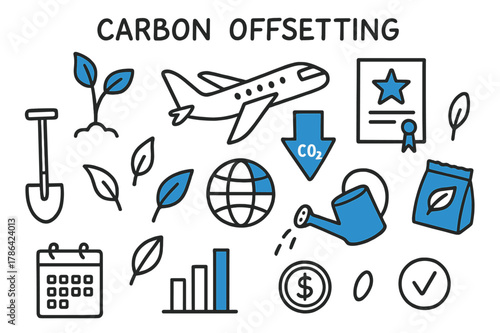 Carbon Offsetting Doodle Icons. // Carbon offsetting. Hand-drawn doodle illustration Carbon offsetting [tree sapling (accented), shovel, airplane, CO2 arrow