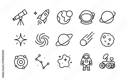 Space exploration icons set featuring telescope, rocket, astronaut, and planetary symbols in linear style