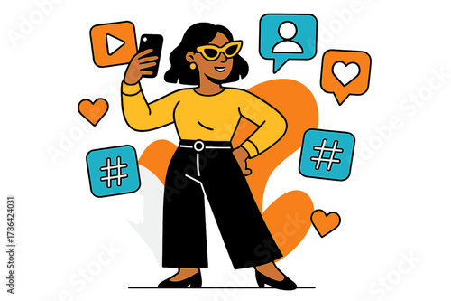 Influencer Selfie Vibe. Celebrity Influencer. Person taking a selfie with floating abstract geometric social media icons and hearts, stylish and confident