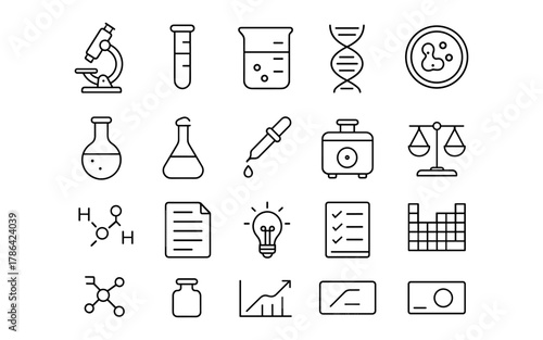 Science icons set: chemistry, biology, research equipment in linear style