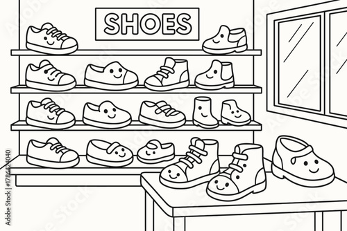 Cartoon Shoe Store. Shoe store children?s coloring book illustration, outlined drawing, cartoon shop with
