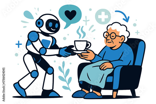 Robot Aided Elderly Care. Elderly care robots. A friendly robot handing a cup of tea to an elderly person