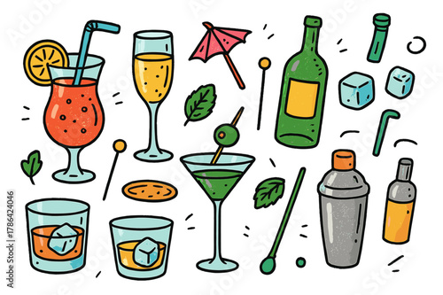 Vibrant Cocktail Illustrations. luxury beverages. Colorful Hand-drawn doodle Children illustration luxury beverages cocktail glass, wine glass, martini,