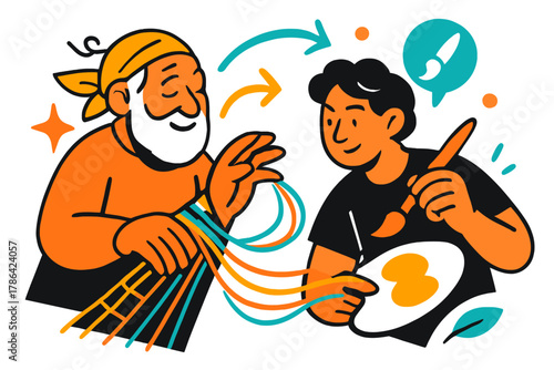 Generational Artistry. Generational knowledge. Elderly artisan teaching younger person to paint or weave;