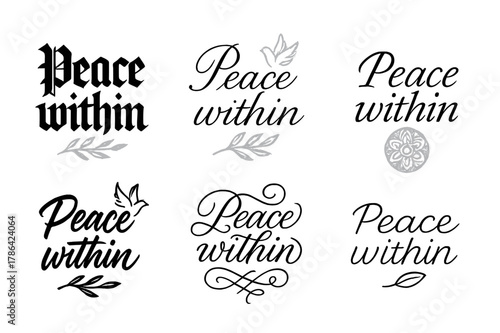 Peace Calligraphy Variations. Peace within. Create a calligraphy lettering illustration of the phrase: Peace