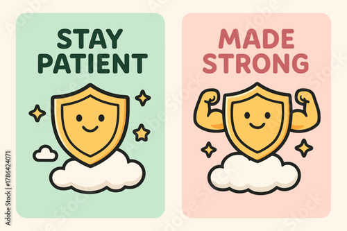 Patience and Strength Banners. Patience & Power. Two vertical A6 banners with safe margins, centered composition, no elements touching edges, cartoon, pastel