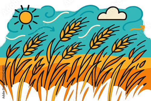 Wheat in Motion. A field of tall wheat swaying in the wind under a bright blue sky. Golden stalks bending