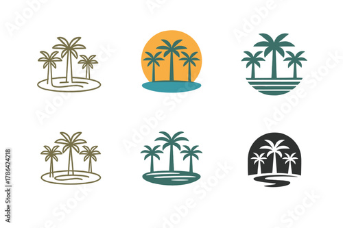 Palm Oasis Logos. Palm oasis. Set Logo of Palm oasis: desert spring with clustered palms. harmonious logo variations of the same emblematic concept, each with