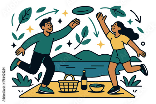 Lakeside Picnic Fun. A couple having a picnic by the lake, relaxing and enjoying the outdoors. Couple playing with a frisbee near the lake with abstract