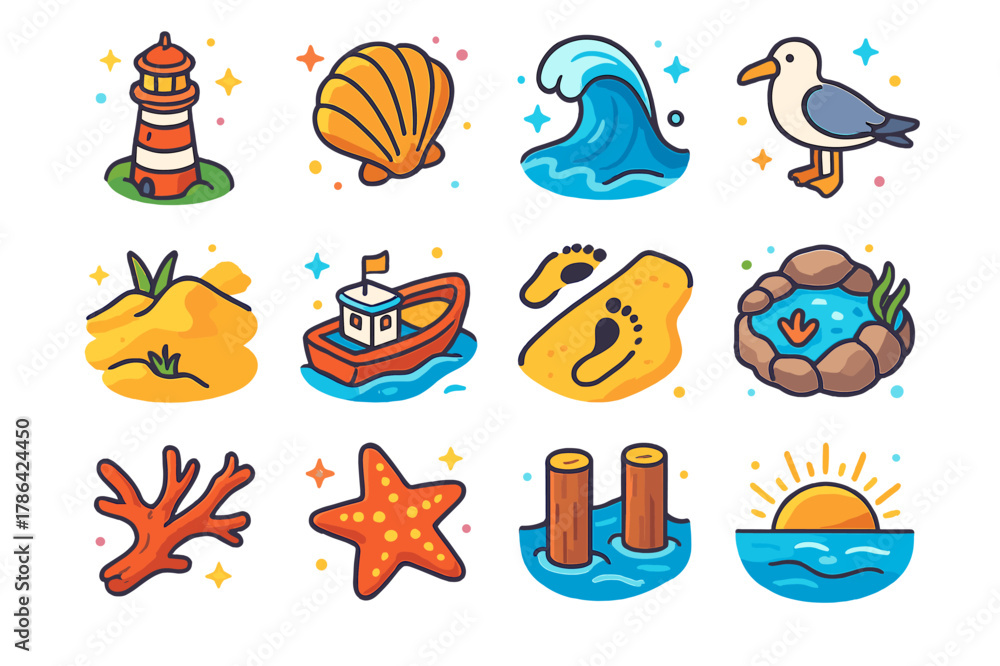 Fototapeta premium Coastal Sunrise Icons. coastal sunrise. Colorful isometric vector icons set of coastal sunrise: lighthouse, seashell, crashing wave, seagull, sandy dunes,