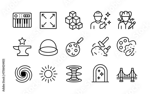 Linear icons of science and construction with creative elements