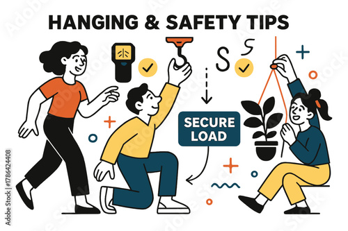 Secure Hanging Tips. Hanging & safety tips. A stud finder, ceiling hook, and S-hook align with checkmarks; ?Secure load? glows beside a plant silhouette. A