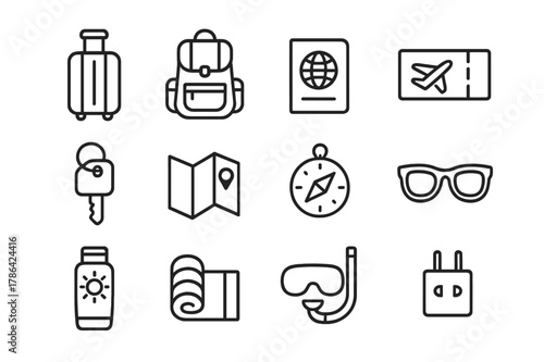 Travel Accessories Icons. travel accessories display. Line icon set of travel accessories display: suitcase, backpack, passport, plane ticket, hotel key, map,