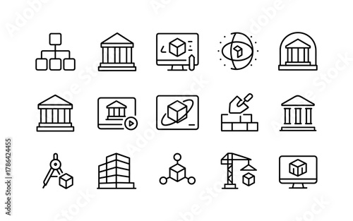 Linear icons of architecture, construction, and technology concepts