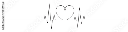 Continuous one line drawing depicting a heartbeat on an EKG line with a central heart symbol, representing health, love, and vitality