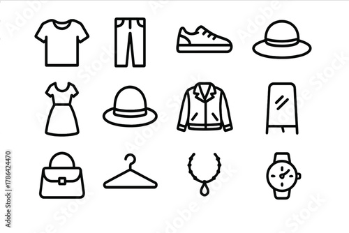 Fashion Icon Grid. Outfit of the day. Line outline icon set of outfit of the day: t-shirt, jeans, sneakers,