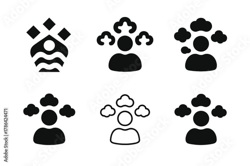 Restless Thoughts Logos. restless figure surrounded by floating thoughts. Set Logo of restless figure surrounded by floating thoughts: Wave. harmonious logo