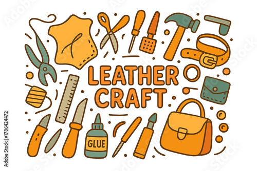 Colorful Leathercraft Doodles. Leathercraft. Hand-drawn doodle illustration of leathercraft. Leather piece,