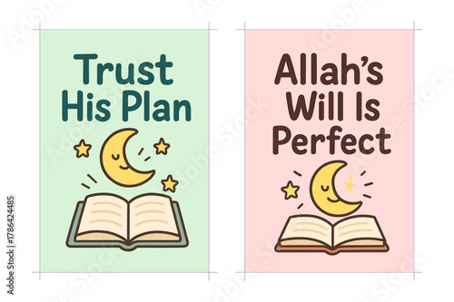 Faithful Banners Display. Perfect Plan. Two vertical A6 banners with safe margins, centered composition, no elements touching edges, cartoon, pastel mint and