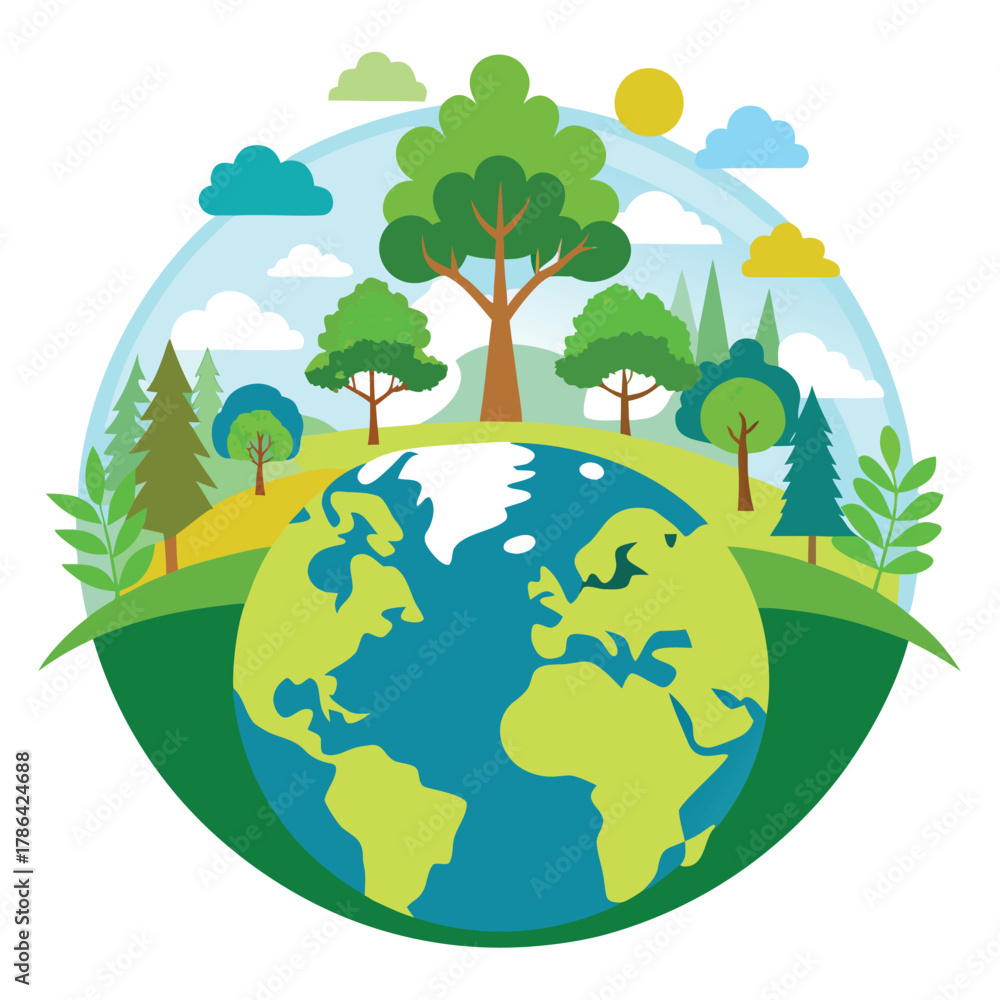 Naklejka premium Earth with Trees, Hills, Clouds and Sun planet globe